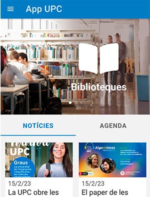 Captura de la pàgina inicial de l'app, que dona accés directe a la informació sobre les biblioteques, les notícies i l'agenda de la UPC