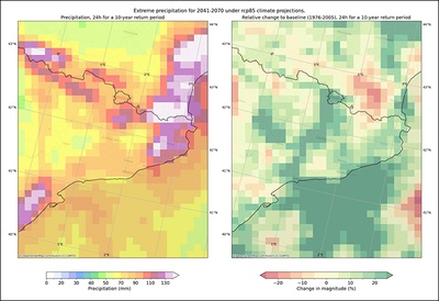 Captura de pantalla que mostra la precipitació en 24 hores esperada a Catalunya utilitzant projeccions climàtiques, segons el flux de treball desenvolupat pel CRAHI