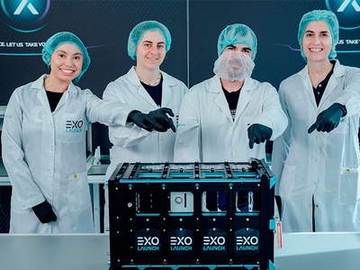 5.	From left to right: Nataly Buitrago (one of the team leaders), Júlia Alós and Luis Contreras (the other team leader), with the mission coordinator at Fly Your Satellite!, Cristina del Castillo, during the pre-launch tests in Berlin (Germany). Source: Exolaunch