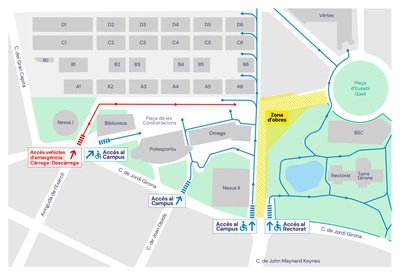 Mapa con las limitaciones al acceso en vehículos en el Campus Diagonal Nord por las obras de la L9