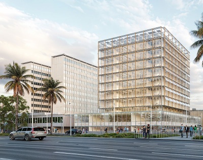 Simulación del edificio L de la ETSEIB desde la esquina de la avenida Diagonal con la calle Adolf Florensa.