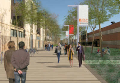 Simulación de la pacificación de la calle Pau Gargallo, un eje vertebrador fundamental del futuro Campus Diagonal Sud.